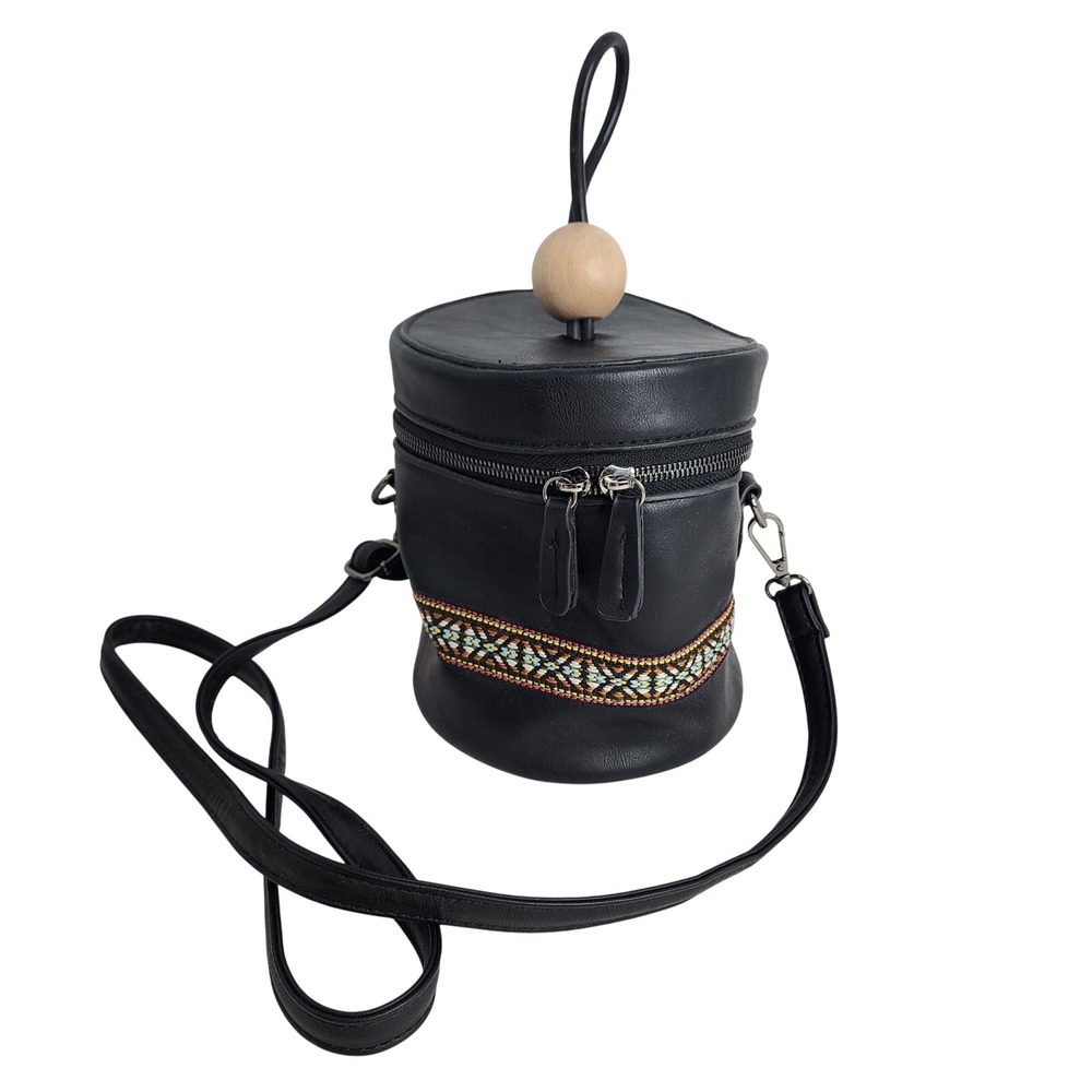 Mod Cylinder‎ Crossbody Bag Women Small Black Faux Leather Boho Embroidered